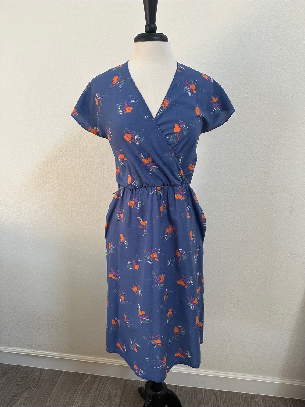 Vintage Blue Floral Wrap-Style Midi Sundress